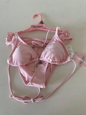 Juicy Couture Double Charm Dangle Triangle Bikini Heart Cherries Pink Size S NEW